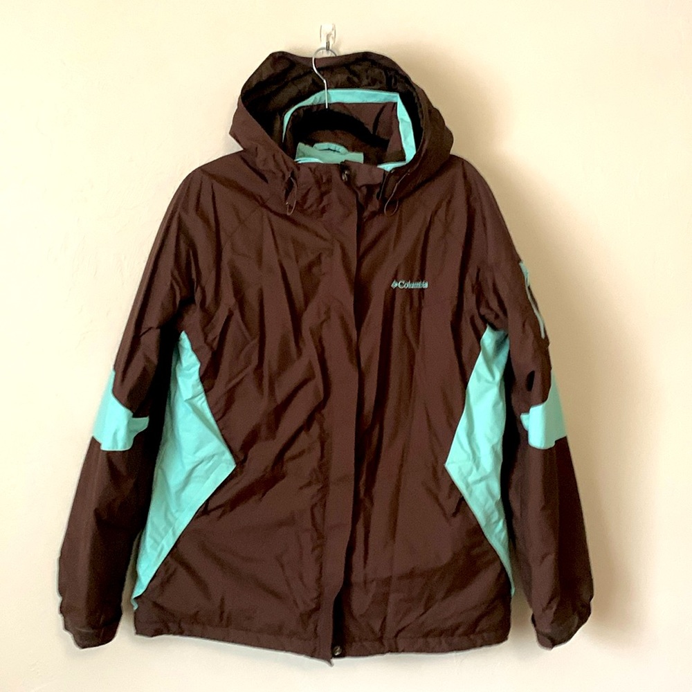 Columbia ski jacket, dark brown and turquoise size XL